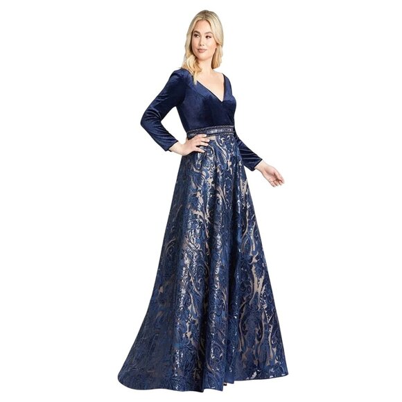 NEW Mac Duggal 67891 V Neck Velvet Sequined Evening Dress Blue Women's Sz. 20W - Picture 1 of 6
